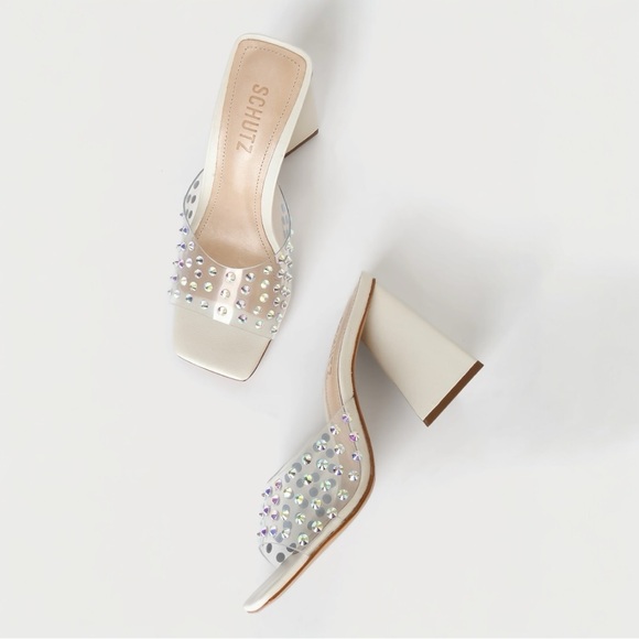 SCHUTZ Shoes - Schutz Lizah Crystal Block Heels Ivory